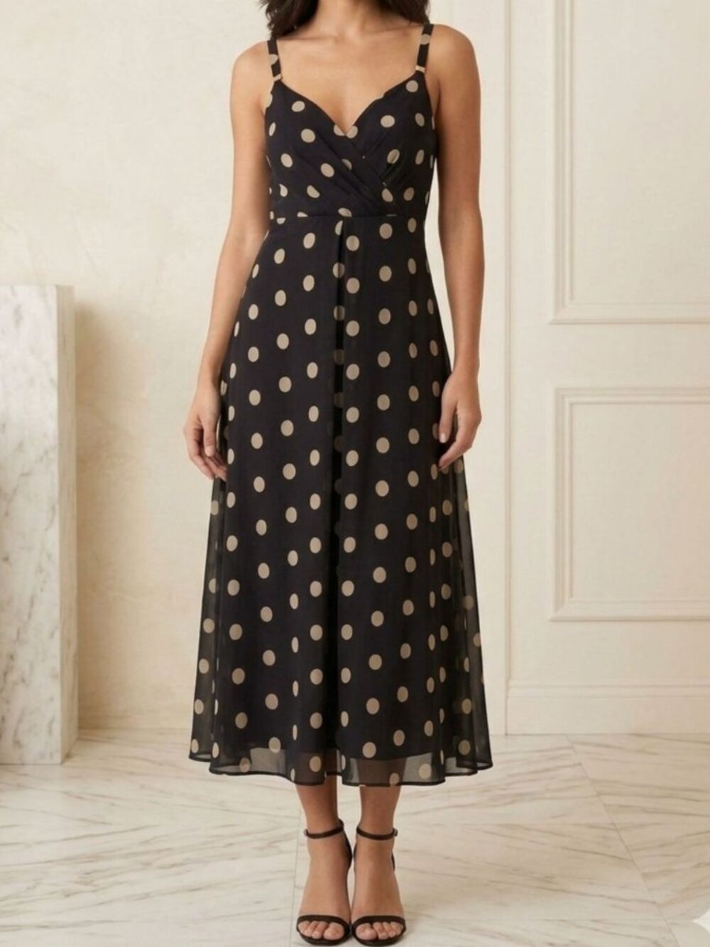 Vtg Y2K Dressbarn Dress Wn 10 Navy Polka Dot Halter Midi Sun Old Money Timeless